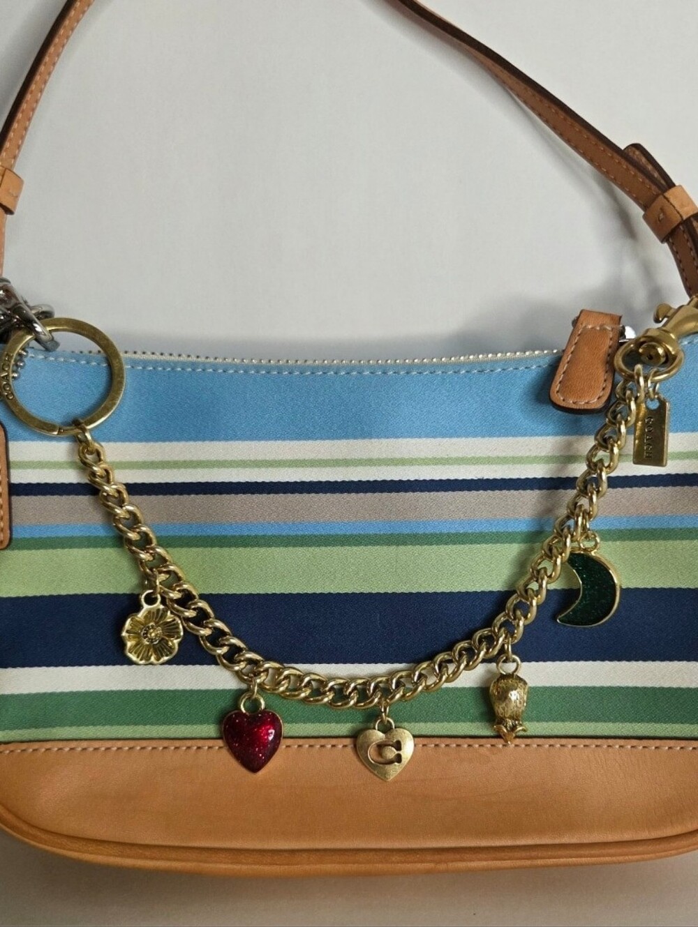Coach Motif Logo Heart Goldtone Chain Bag Charm / Extender w/ Charms